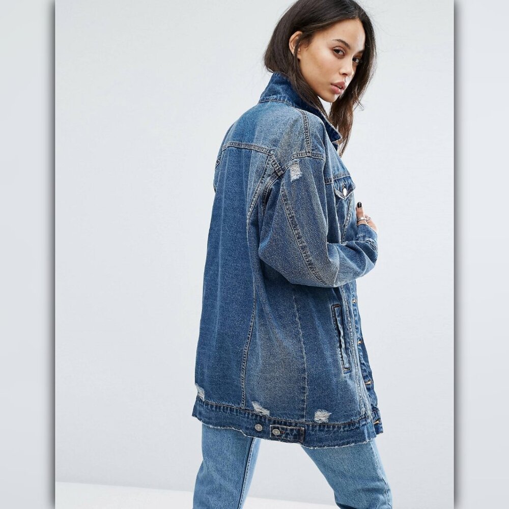 ♥ 586 ♥ (S) Longline Distressed Denim Jacket - Picture 2 of 3